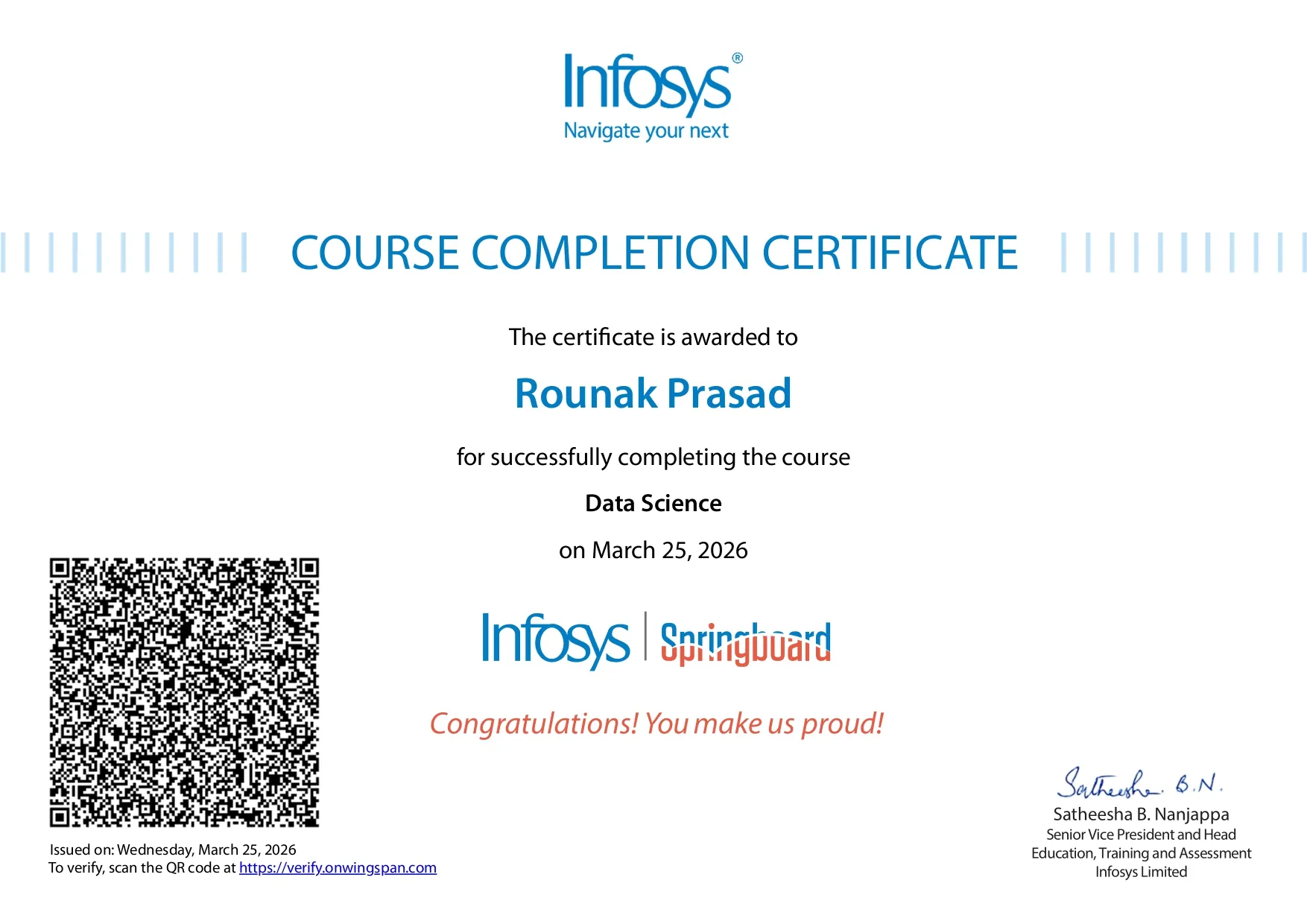 Rounak Prasad - Data Science Certificate by Infosys Springboard