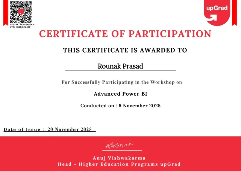 Rounak Prasad - Advanced Power BI Workshop Certificate by upGrad