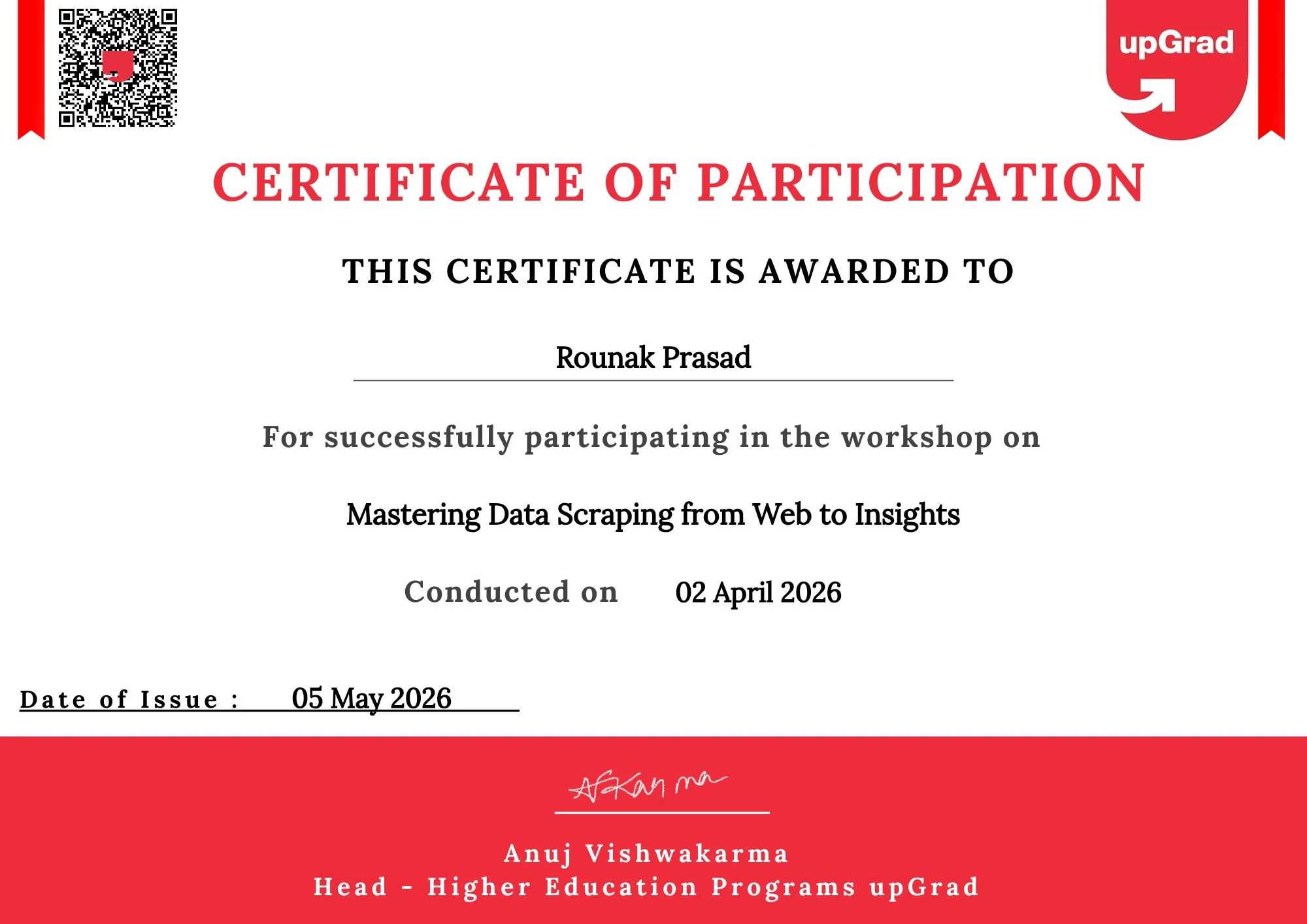 Rounak Prasad - Mastering Data Scraping Workshop Certificate by upGrad