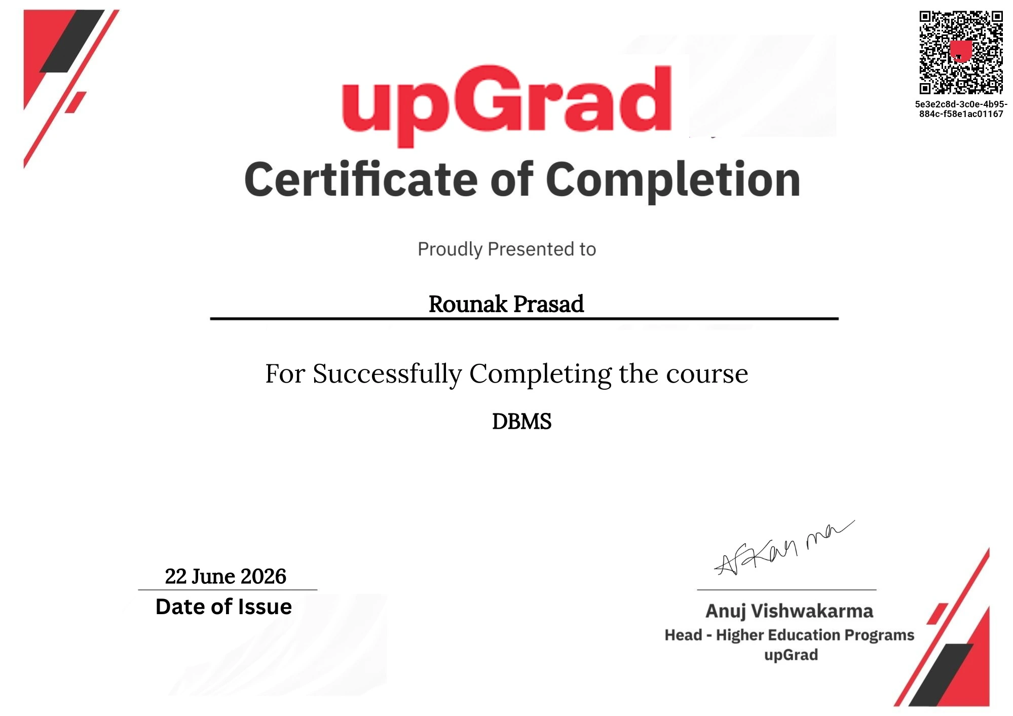 Rounak Prasad - DBMS Certificate by upGrad