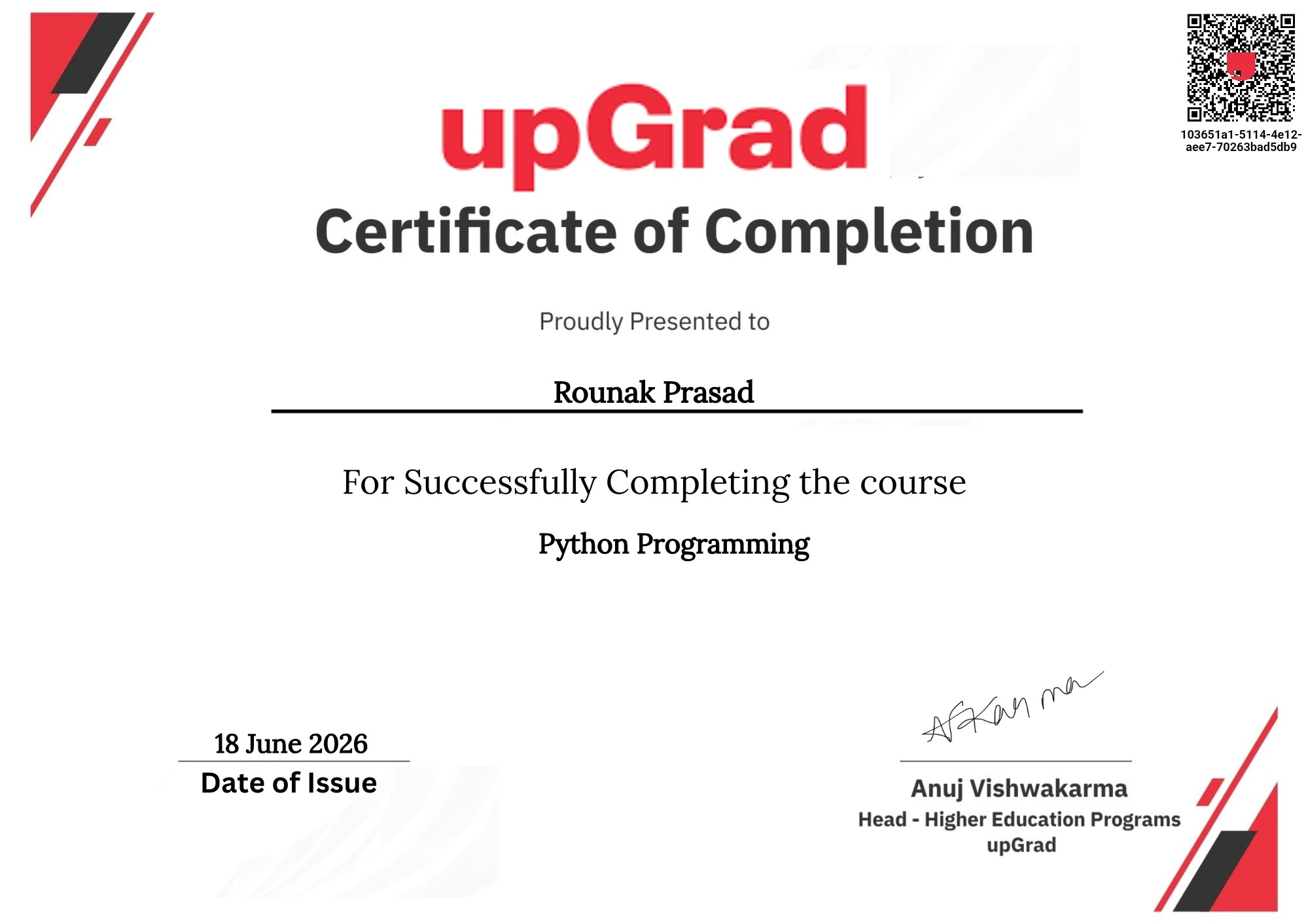 Rounak Prasad - Python Programming Certificate by upGrad